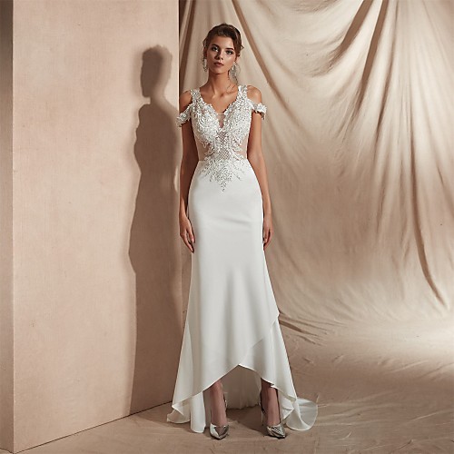 Mermaid / Trumpet Wedding Dresses V Neck Asymmetrical Matte Satin Short Sleeve Casual Sexy Illusion Detail Modern with Appliques 2021
Mermaid / Trumpet Wedding Dresses V Neck Asymmetrical Matte Satin Short Sleeve Casual Sexy Illusion Detail Modern with Appliques 2021