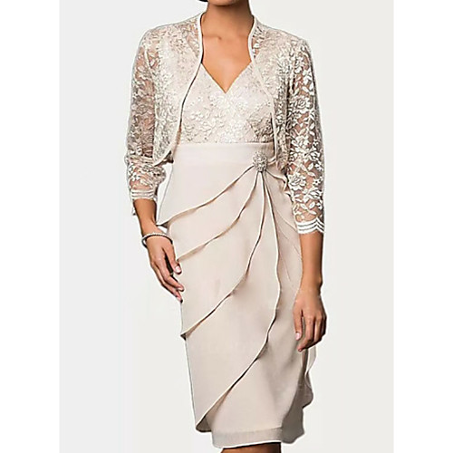 Sheath / Column Mother of the Bride Dress Wrap Included Plunging Neck Knee Length Chiffon Sleeveless with Lace Tier Crystal Brooch 2021
Sheath / Column Mother of the Bride Dress Wrap Included Plunging Neck Knee Length Chiffon Sleeveless with Lace Tier Crystal Brooch 2021