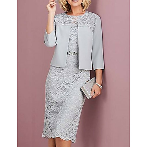 Sheath / Column Mother of the Bride Dress Plus Size Elegant Jewel Neck Knee Length Lace 3/4 Length Sleeve with Sash / Ribbon 2021
Sheath / Column Mother of the Bride Dress Plus Size Elegant Jewel Neck Knee Length Lace 3/4 Length Sleeve with Sash / Ribbon 2021