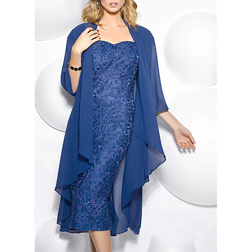 Sheath / Column Mother of the Bride Dress Wrap Included Sweetheart Neckline Tea Length Chiffon 3/4 Length Sleeve with Lace 2021
Sheath / Column Mother of the Bride Dress Wrap Included Sweetheart Neckline Tea Length Chiffon 3/4 Length Sleeve with Lace 2021