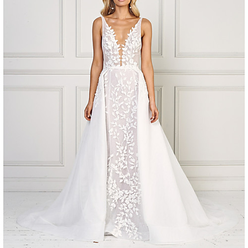 A-Line Wedding Dresses V Neck Sweep / Brush Train Tulle Regular Straps with Appliques 2021
A-Line Wedding Dresses V Neck Sweep / Brush Train Tulle Regular Straps with Appliques 2021