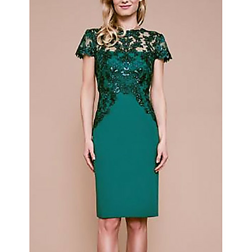 Sheath / Column Mother of the Bride Dress See Through Jewel Neck Knee Length Polyester Short Sleeve with Appliques 2021
Sheath / Column Mother of the Bride Dress See Through Jewel Neck Knee Length Polyester Short Sleeve with Appliques 2021