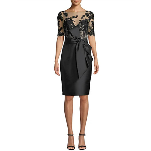 Sheath / Column Little Black Dress Holiday Cocktail Party Dress Boat Neck Short Sleeve Knee Length Satin with Bow(s) Lace Insert 2021
Sheath / Column Little Black Dress Holiday Cocktail Party Dress Boat Neck Short Sleeve Knee Length Satin with Bow(s) Lace Insert 2021