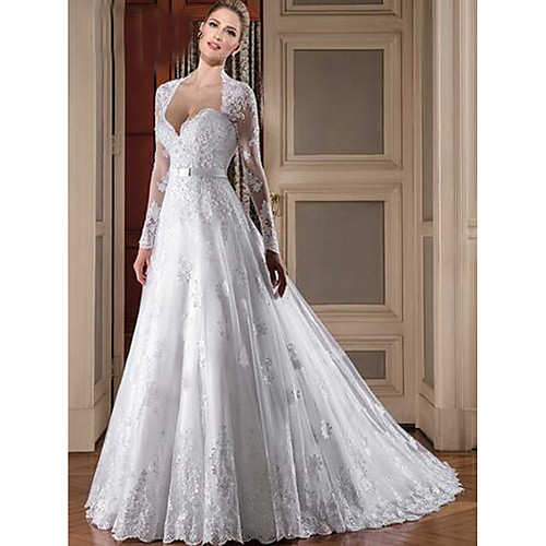 A-Line Wedding Dresses Sweetheart Neckline Chapel Train Lace Tulle Long Sleeve Illusion Sleeve with Bow(s) Appliques 2021
A-Line Wedding Dresses Sweetheart Neckline Chapel Train Lace Tulle Long Sleeve Illusion Sleeve with Bow(s) Appliques 2021