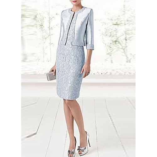 Sheath / Column Mother of the Bride Dress Wrap Included Jewel Neck Knee Length Satin Sequined 3/4 Length Sleeve with Ruching 2021 
Sheath / Column Mother of the Bride Dress Wrap Included Jewel Neck Knee Length Satin Sequined 3/4 Length Sleeve with Ruching 2021