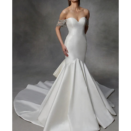 Mermaid / Trumpet Wedding Dresses Strapless Court Train Tulle Stretch Satin Lace Over Satin Short Sleeve with Bow(s) 2021
Mermaid / Trumpet Wedding Dresses Strapless Court Train Tulle Stretch Satin Lace Over Satin Short Sleeve with Bow(s) 2021