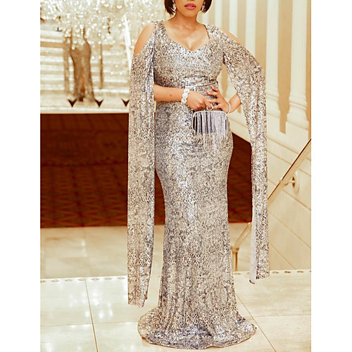 Sheath / Column Sparkle & Shine Formal Evening Dress Plunging Neck Short Sleeve Sweep / Brush Train Sequined with Sequin 2021
Sheath / Column Sparkle & Shine Formal Evening Dress Plunging Neck Short Sleeve Sweep / Brush Train Sequined with Sequin 2021