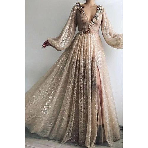 A-Line Sparkle Prom Formal Evening Dress V Neck Long Sleeve Floor Length Sequined with Sequin Appliques Split Front 2021
A-Line Sparkle Prom Formal Evening Dress V Neck Long Sleeve Floor Length Sequined with Sequin Appliques Split Front 2021
