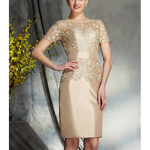 Sheath / Column Mother of the Bride Dress Plus Size Jewel Neck Knee Length Lace Taffeta Short Sleeve with Lace Sash / Ribbon 2021
Sheath / Column Mother of the Bride Dress Plus Size Jewel Neck Knee Length Lace Taffeta Short Sleeve with Lace Sash / Ribbon 2021