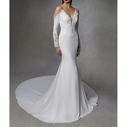 Mermaid / Trumpet Wedding Dresses V Neck Court Train Stretch Satin Lace Over Satin Long Sleeve with Embroidery 2021
Mermaid / Trumpet Wedding Dresses V Neck Court Train Stretch Satin Lace Over Satin Long Sleeve with Embroidery 2021