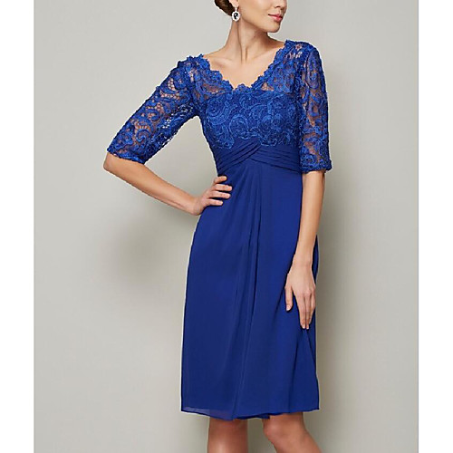 A-Line Mother of the Bride Dress See Through V Neck Jewel Neck Knee Length Chiffon Lace Half Sleeve with Pleats 2021
A-Line Mother of the Bride Dress See Through V Neck Jewel Neck Knee Length Chiffon Lace Half Sleeve with Pleats 2021