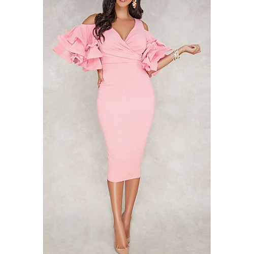 Sheath / Column Sexy Cocktail Party Formal Evening Valentine's Day Dress V Neck Half Sleeve Tea Length Polyester with Ruffles 2021
Sheath / Column Sexy Cocktail Party Formal Evening Valentine's Day Dress V Neck Half Sleeve Tea Length Polyester with Ruffles 2021