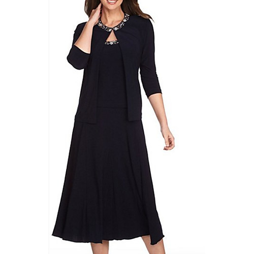Two Piece Mother of the Bride Dress Elegant Jewel Neck Tea Length Chiffon Beaded Lace 3/4 Length Sleeve with Draping 2021
Two Piece Mother of the Bride Dress Elegant Jewel Neck Tea Length Chiffon Beaded Lace 3/4 Length Sleeve with Draping 2021