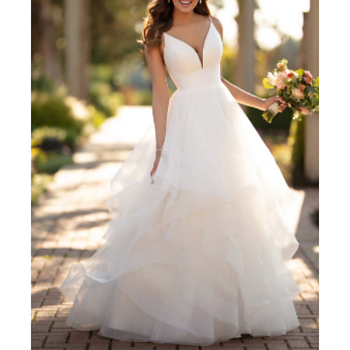 Ball Gown Wedding Dresses V Neck Court Train Tulle Charmeuse Spaghetti Strap Formal Simple Little White Dress with Appliques Cascading Ruffles 2021
Ball Gown Wedding Dresses V Neck Court Train Tulle Charmeuse Spaghetti Strap Formal Simple Little White Dress with Appliques Cascading Ruffles 2021