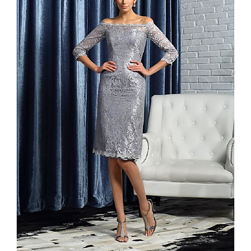Sheath / Column Mother of the Bride Dress Plus Size Off Shoulder Knee Length Lace Satin 3/4 Length Sleeve with Lace 2021
Sheath / Column Mother of the Bride Dress Plus Size Off Shoulder Knee Length Lace Satin 3/4 Length Sleeve with Lace 2021