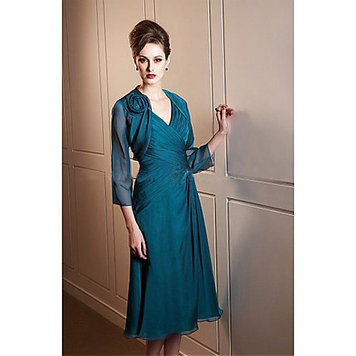 Two Piece A-Line Mother of the Bride Dress Wrap Included Plunging Neck Tea Length Chiffon 3/4 Length Sleeve with Appliques Ruching 2021
Two Piece A-Line Mother of the Bride Dress Wrap Included Plunging Neck Tea Length Chiffon 3/4 Length Sleeve with Appliques Ruching 2021