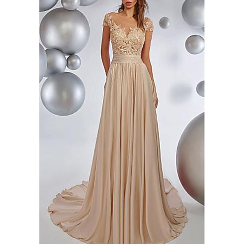 A-Line Elegant Formal Evening Dress Boat Neck Short Sleeve Sweep / Brush Train Chiffon with Pleats Lace Insert 2021
A-Line Elegant Formal Evening Dress Boat Neck Short Sleeve Sweep / Brush Train Chiffon with Pleats Lace Insert 2021