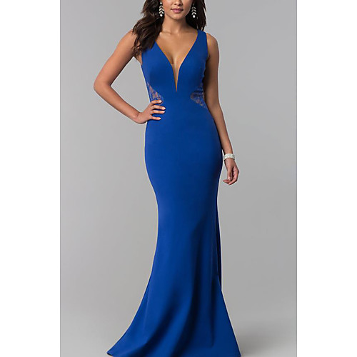 Sheath / Column Elegant Formal Evening Dress Plunging Neck Sleeveless Sweep / Brush Train Jersey with Lace Insert 2021
Sheath / Column Elegant Formal Evening Dress Plunging Neck Sleeveless Sweep / Brush Train Jersey with Lace Insert 2021