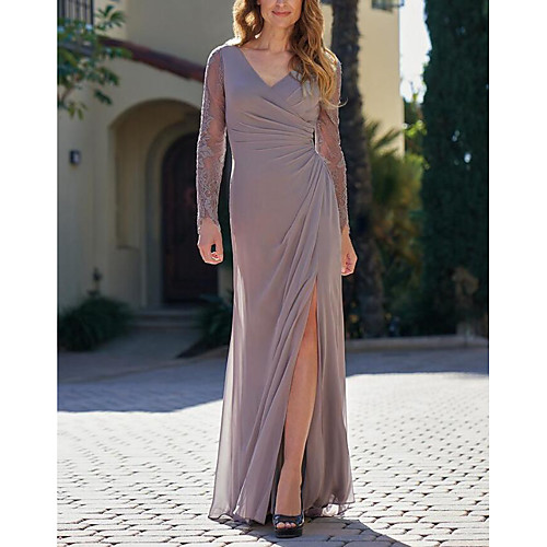 Sheath / Column Elegant Wedding Guest Engagement Formal Evening Dress V Neck Long Sleeve Sweep / Brush Train Chiffon with Ruched Split 2021
Sheath / Column Elegant Wedding Guest Engagement Formal Evening Dress V Neck Long Sleeve Sweep / Brush Train Chiffon with Ruched Split 2021