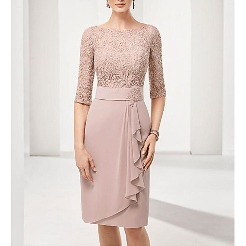 Sheath / Column Mother of the Bride Dress Sweet Jewel Neck Knee Length Chiffon Lace Half Sleeve with Side Draping 2021
Sheath / Column Mother of the Bride Dress Sweet Jewel Neck Knee Length Chiffon Lace Half Sleeve with Side Draping 2021