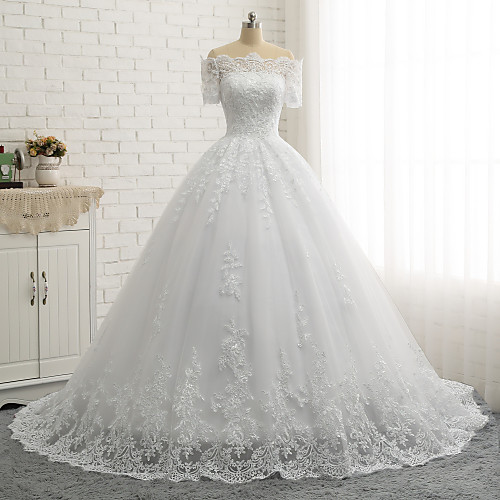 Ball Gown A-Line Wedding Dresses Off Shoulder Court Train Lace Tulle Lace Over Satin Short Sleeve Country Illusion Detail Backless with Appliques 2021
Ball Gown A-Line Wedding Dresses Off Shoulder Court Train Lace Tulle Lace Over Satin Short Sleeve Country Illusion Detail Backless with Appliques 2021