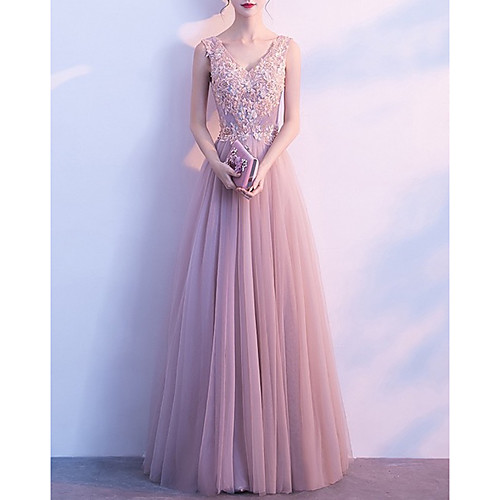 A-Line Luxurious Pink Wedding Guest Formal Evening Dress V Neck Sleeveless Floor Length Tulle with Appliques 2020
A-Line Luxurious Pink Wedding Guest Formal Evening Dress V Neck Sleeveless Floor Length Tulle with Appliques 2020
