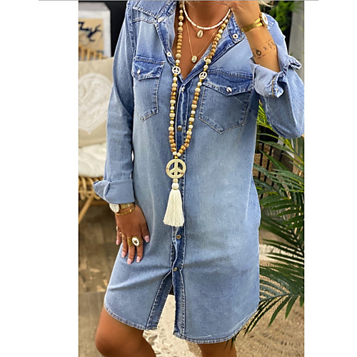 Women's Denim Shirt Dress Knee Length Dress Light Blue Long Sleeve Solid Color Summer Shirt Collar Casual Chinoiserie Loose 2021 S M L XL XXL 3XL
Women's Denim Shirt Dress Knee Length Dress Light Blue Long Sleeve Solid Color Summer Shirt Collar Casual Chinoiserie Loose 2021 S M L XL XXL 3XL