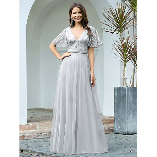 A-Line Sparkle Elegant Wedding Guest Formal Evening Dress V Neck Short Sleeve Floor Length Tulle with Sequin 2021
A-Line Sparkle Elegant Wedding Guest Formal Evening Dress V Neck Short Sleeve Floor Length Tulle with Sequin 2021