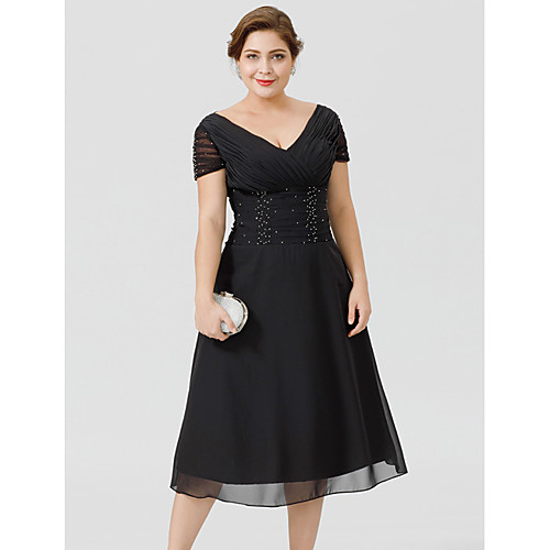 A-Line Mother of the Bride Dress Little Black Dress Plus Size See Through V Neck Tea Length Chiffon Short Sleeve with Beading Side Draping 2021
A-Line Mother of the Bride Dress Little Black Dress Plus Size See Through V Neck Tea Length Chiffon Short Sleeve with Beading Side Draping 2021