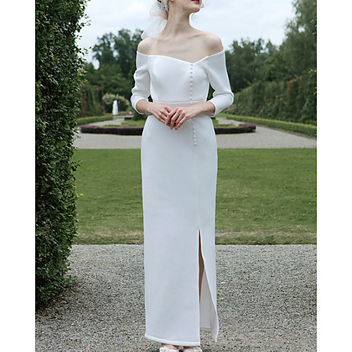 Sheath / Column Wedding Dresses Off Shoulder Floor Length Satin 3/4 Length Sleeve Vintage 1950s with Split Front 2021
Sheath / Column Wedding Dresses Off Shoulder Floor Length Satin 3/4 Length Sleeve Vintage 1950s with Split Front 2021