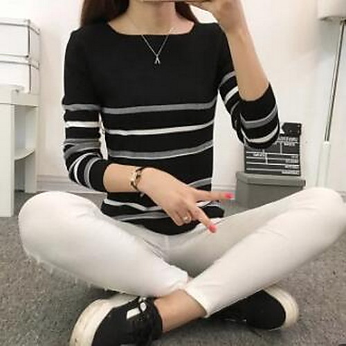 Women's Striped Pullover Long Sleeve Sweater Cardigans Off Shoulder Fall White Black Gray
Women's Striped Pullover Long Sleeve Sweater Cardigans Off Shoulder Fall White Black Gray