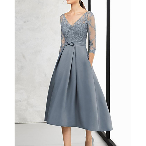 A-Line Mother of the Bride Dress Elegant V Neck Asymmetrical Lace Satin 3/4 Length Sleeve with Bow(s) 2021
A-Line Mother of the Bride Dress Elegant V Neck Asymmetrical Lace Satin 3/4 Length Sleeve with Bow(s) 2021