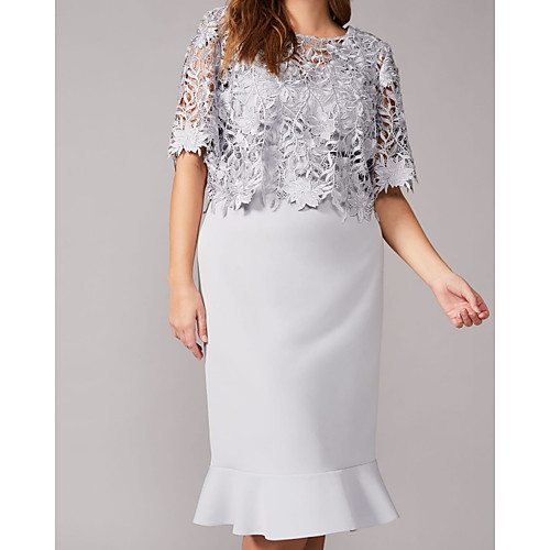 Two Piece Mermaid / Trumpet Mother of the Bride Dress Elegant Jewel Neck Knee Length Lace Stretch Satin Short Sleeve with Appliques 2021
Two Piece Mermaid / Trumpet Mother of the Bride Dress Elegant Jewel Neck Knee Length Lace Stretch Satin Short Sleeve with Appliques 2021