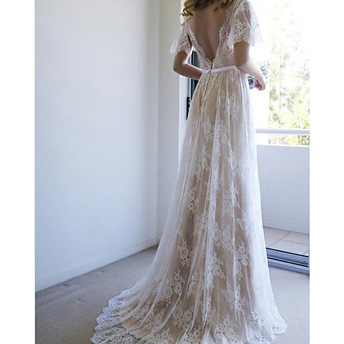 A-Line Wedding Dresses V Neck Sweep / Brush Train Lace Short Sleeve Beach Boho with Sashes / Ribbons 2021
A-Line Wedding Dresses V Neck Sweep / Brush Train Lace Short Sleeve Beach Boho with Sashes / Ribbons 2021