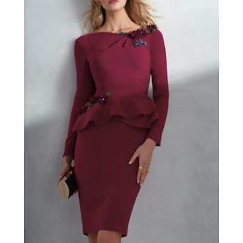 Sheath / Column Mother of the Bride Dress Elegant Jewel Neck Knee Length Satin Long Sleeve with Ruffles Appliques Flower 2021
Sheath / Column Mother of the Bride Dress Elegant Jewel Neck Knee Length Satin Long Sleeve with Ruffles Appliques Flower 2021
