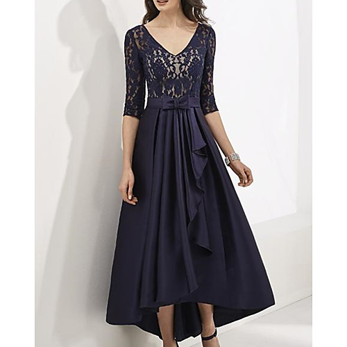 A-Line Mother of the Bride Dress Elegant V Neck Floor Length Lace Satin Half Sleeve with Sash / Ribbon Bow(s) Pleats 2021
A-Line Mother of the Bride Dress Elegant V Neck Floor Length Lace Satin Half Sleeve with Sash / Ribbon Bow(s) Pleats 2021