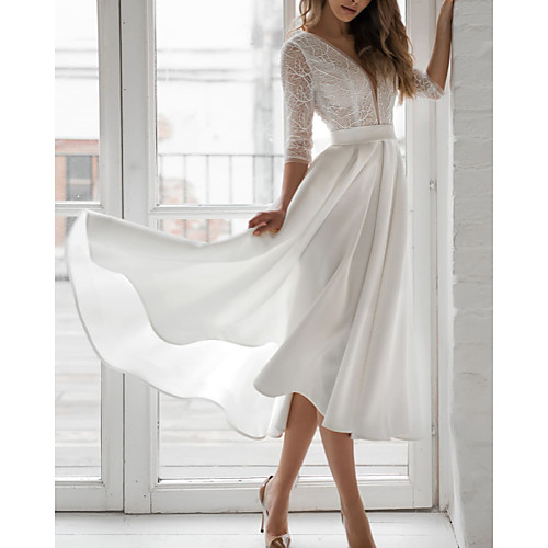 A-Line Wedding Dresses V Neck Asymmetrical Tea Length Lace Satin 3/4 Length Sleeve Vintage 1950s with Pleats 2021 
A-Line Wedding Dresses V Neck Asymmetrical Tea Length Lace Satin 3/4 Length Sleeve Vintage 1950s with Pleats 2021