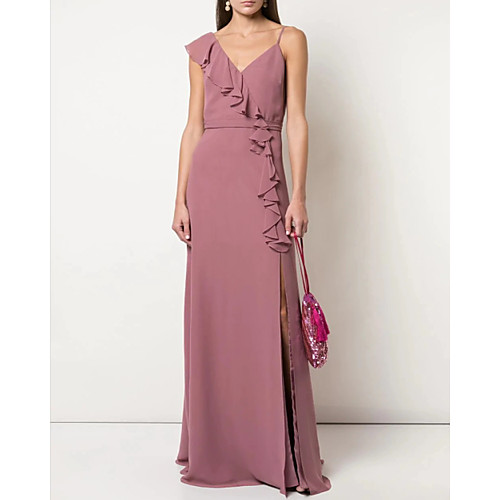 A-Line V Neck Floor Length Chiffon Bridesmaid Dress with Sash / Ribbon / Ruffles / Split Front
A-Line V Neck Floor Length Chiffon Bridesmaid Dress with Sash / Ribbon / Ruffles / Split Front