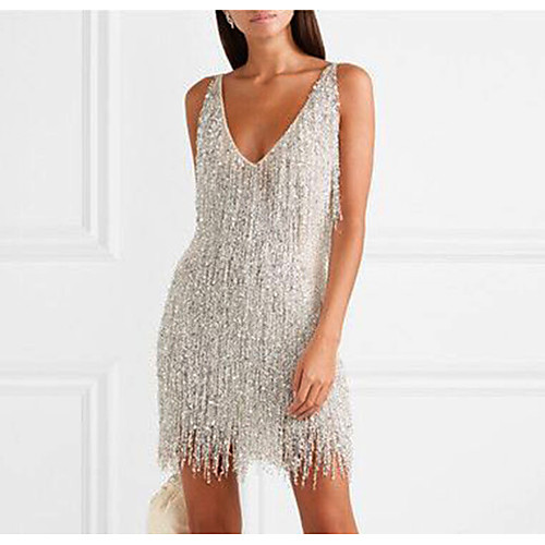 Women's Sheath Dress Short Mini Dress Silver Sleeveless Solid Color Backless Tassel Fringe Spring Summer V Neck Stylish Elegant Sexy 2021 S M L XL XXL / Party
Women's Sheath Dress Short Mini Dress Silver Sleeveless Solid Color Backless Tassel Fringe Spring Summer V Neck Stylish Elegant Sexy 2021 S M L XL XXL / Party