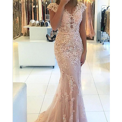 Mermaid / Trumpet Elegant Floral Engagement Formal Evening Dress V Neck Short Sleeve Sweep / Brush Train Lace with Appliques 2021
Mermaid / Trumpet Elegant Floral Engagement Formal Evening Dress V Neck Short Sleeve Sweep / Brush Train Lace with Appliques 2021