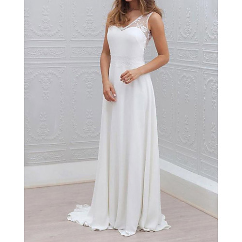 Sheath / Column Wedding Dresses V Neck Sweep / Brush Train Chiffon Lace Sleeveless Simple Beach with Pleats Lace Insert 2021
Sheath / Column Wedding Dresses V Neck Sweep / Brush Train Chiffon Lace Sleeveless Simple Beach with Pleats Lace Insert 2021