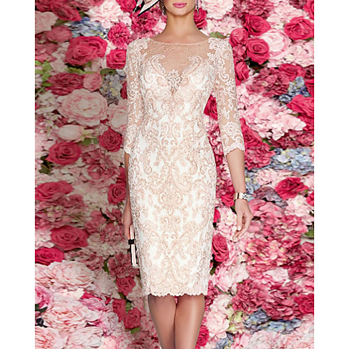 Sheath / Column Mother of the Bride Dress Plus Size Sexy See Through Bateau Neck Knee Length Lace 3/4 Length Sleeve with Pleats Appliques 2021
Sheath / Column Mother of the Bride Dress Plus Size Sexy See Through Bateau Neck Knee Length Lace 3/4 Length Sleeve with Pleats Appliques 2021