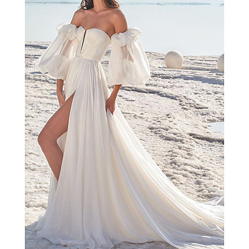 A-Line Wedding Dresses Off Shoulder Chapel Train Chiffon Short Sleeve Beach with Split Front 2021
A-Line Wedding Dresses Off Shoulder Chapel Train Chiffon Short Sleeve Beach with Split Front 2021
