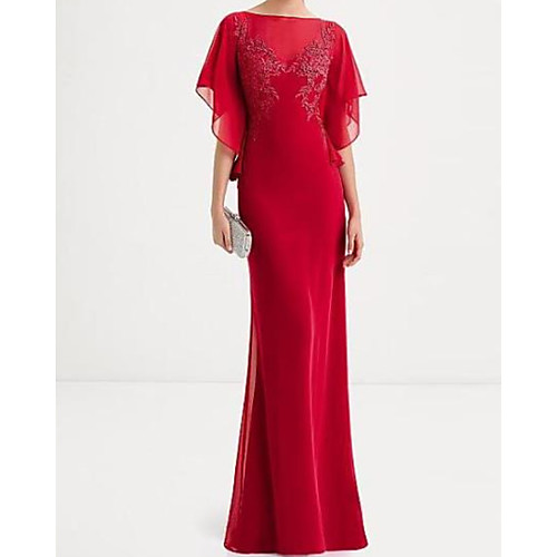 Sheath / Column Elegant Floral Wedding Guest Formal Evening Dress Boat Neck Short Sleeve Sweep / Brush Train Chiffon Lace with Ruffles 2021
Sheath / Column Elegant Floral Wedding Guest Formal Evening Dress Boat Neck Short Sleeve Sweep / Brush Train Chiffon Lace with Ruffles 2021