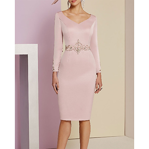 Sheath / Column Mother of the Bride Dress Plus Size V Neck Knee Length Satin Long Sleeve with Sash / Ribbon Crystals Beading 2021
Sheath / Column Mother of the Bride Dress Plus Size V Neck Knee Length Satin Long Sleeve with Sash / Ribbon Crystals Beading 2021