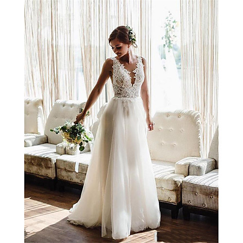 A-Line Wedding Dresses V Neck Floor Length Lace Tulle Sleeveless Simple Beach with Pleats Appliques 2021
A-Line Wedding Dresses V Neck Floor Length Lace Tulle Sleeveless Simple Beach with Pleats Appliques 2021