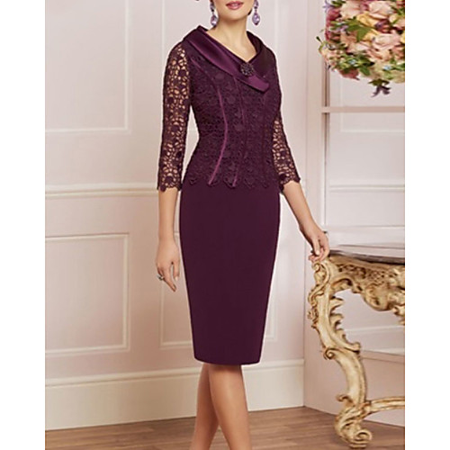 Sheath / Column Mother of the Bride Dress Plus Size V Neck Knee Length Lace Charmeuse Half Sleeve with Lace Beading 2021
Sheath / Column Mother of the Bride Dress Plus Size V Neck Knee Length Lace Charmeuse Half Sleeve with Lace Beading 2021