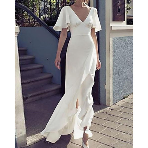 Sheath / Column Wedding Dresses V Neck Sweep / Brush Train Charmeuse Short Sleeve Beach with Ruffles 2021
Sheath / Column Wedding Dresses V Neck Sweep / Brush Train Charmeuse Short Sleeve Beach with Ruffles 2021