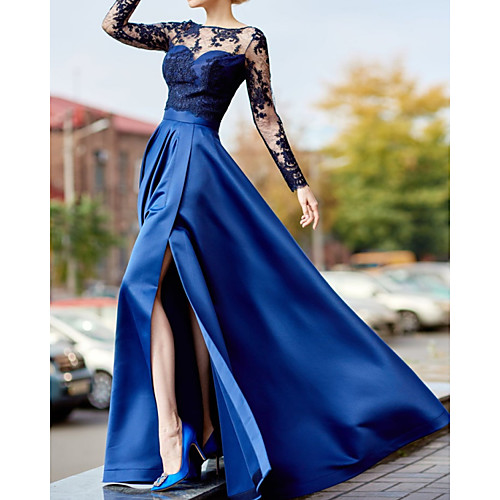 A-Line Luxurious Sexy Wedding Guest Formal Evening Dress Illusion Neck Long Sleeve Floor Length Lace Satin with Split Appliques 2021
A-Line Luxurious Sexy Wedding Guest Formal Evening Dress Illusion Neck Long Sleeve Floor Length Lace Satin with Split Appliques 2021