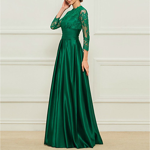 Sheath / Column Mother of the Bride Dress Elegant High Neck Floor Length Lace Satin 3/4 Length Sleeve with Sash / Ribbon Appliques 2021
Sheath / Column Mother of the Bride Dress Elegant High Neck Floor Length Lace Satin 3/4 Length Sleeve with Sash / Ribbon Appliques 2021